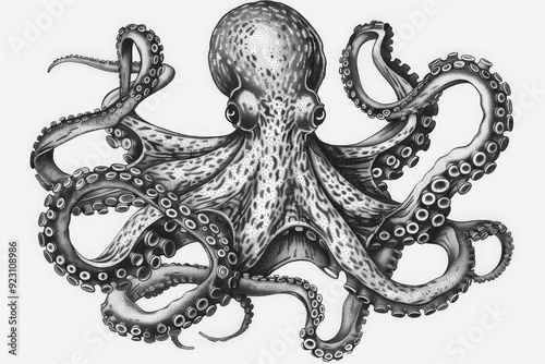 Hand drawn vintage octopus line art, squid engraved ocean animal, Squid octopus animal, marine seafood vector illustration on white background photo