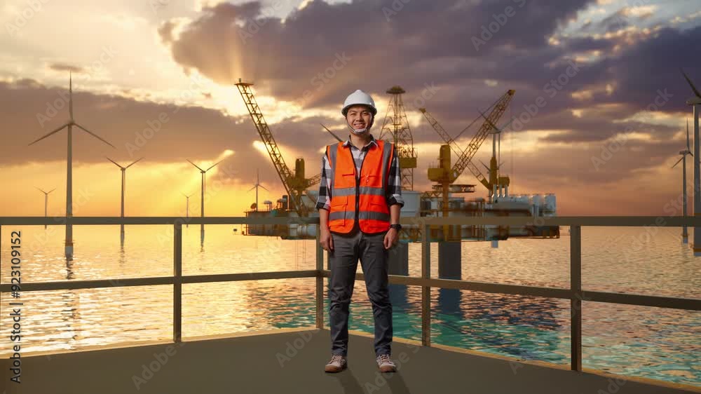 Full Body Of Asian Male Engineer With Safety Helmet Smiling To Camera While Standing With Offshore Hydrogen Production