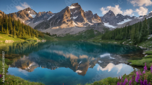 mountain peak covered with snow Alpine meadows, mountain ranges, crystal clear lakes wilderness area The beauty of nature, mountain climbers