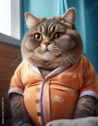 Dicke Katze in Pyjama. 