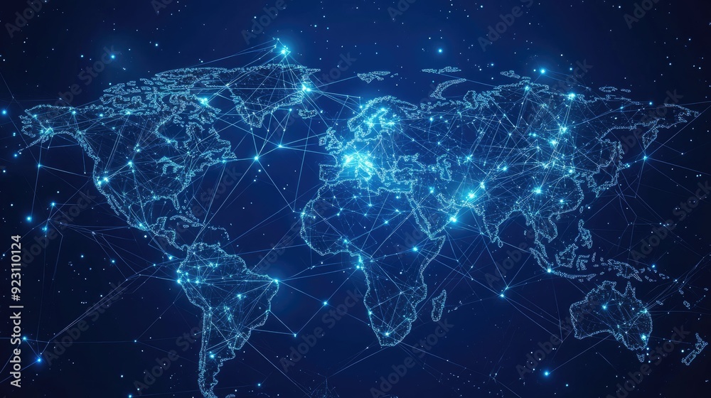 Abstract world map illustration showing global business data connections with interconnected lines and nodes. The vector design highlights telecommunication network links. Abstract world map illustration showing global business data connections with interconnected lines and nodes. The vector design highlights telecommunication network links.