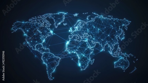 Abstract world map illustration showing global business data connections with interconnected lines and nodes. The vector design highlights telecommunication network links.