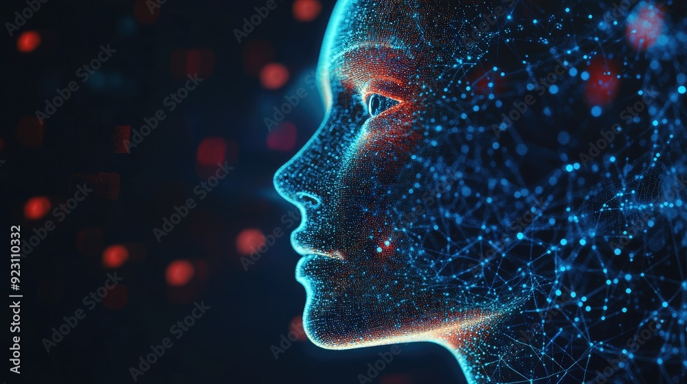 AI in 2D illustration, with a digital face and neural network elements. Represents artificial intelligence and futuristic tech concepts. Perfect for banners and tech content. e
