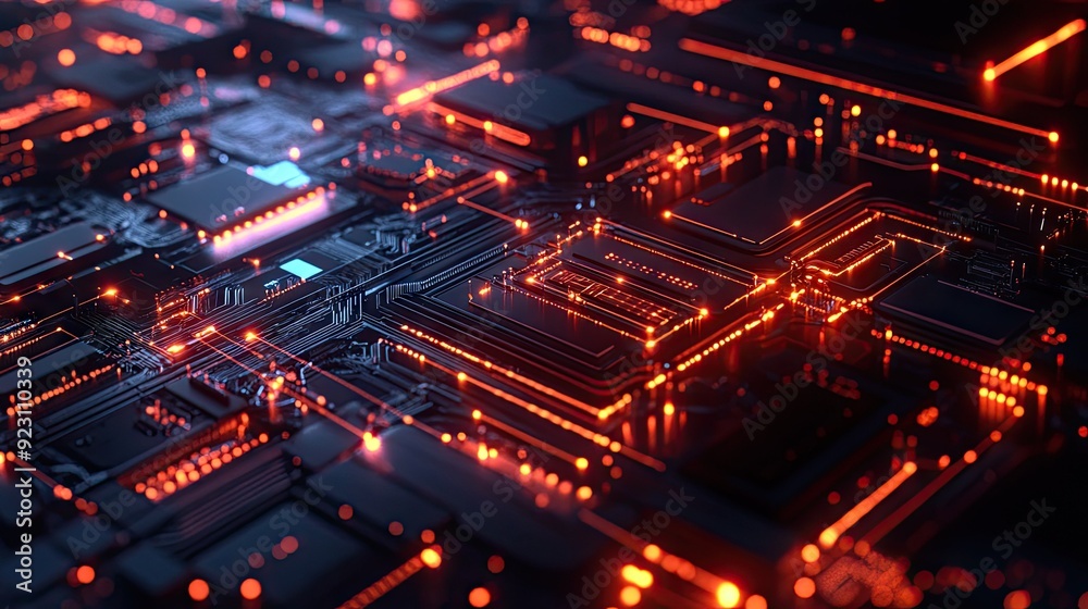 Fototapeta premium AI design with electric circuits and digital textures. Ideal for technology graphics, logo creation, and mobile applications. Showcases a sleek, futuristic machine learning concept. -