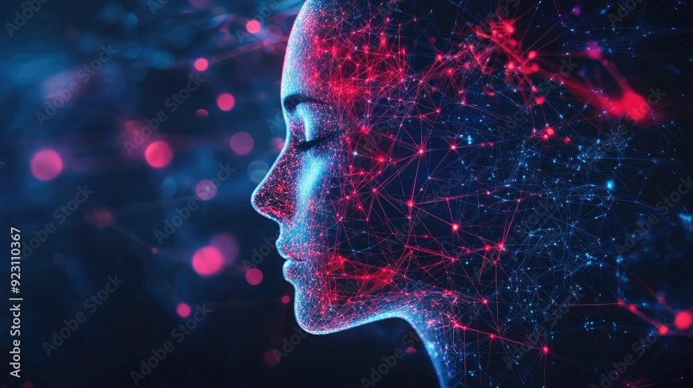 AI in 2D illustration, with a digital face and neural network elements. Represents artificial intelligence and futuristic tech concepts. Perfect for banners and tech content. e AI in 2D illustration, with a digital face and neural network elements. Represents artificial intelligence and futuristic tech concepts. Perfect for banners and tech content. e