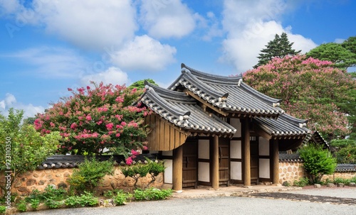 Red crape myrtle blooming in a traditional Korean Hanok garden