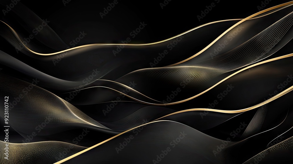 Fototapeta premium Black elegant background with flowing wave gold lines, creating a modern luxury feel, perfect for high-end design elements and sophisticated banners. -