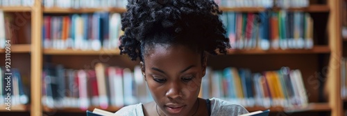 African American student studying and reviewing materials in a library photo