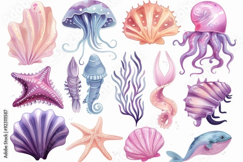 Set of Colorful Pastel Underwater Sea Animal, marine seafood vector illustration on white background photo