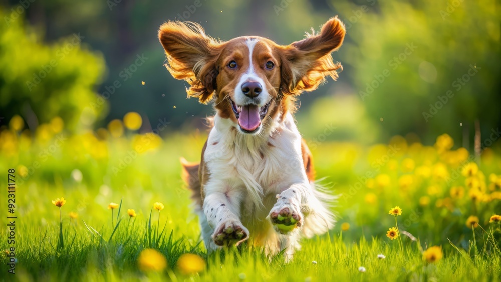 A happy Welsh Springer Spaniel dog runs freely in a vibrant green meadow on a sunny spring day, its ears flapping in the gentle breeze. A happy Welsh Springer Spaniel dog runs freely in a vibrant green meadow on a sunny spring day, its ears flapping in the gentle breeze.