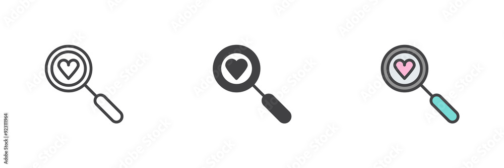 Magnifying glass with heart different style icon set