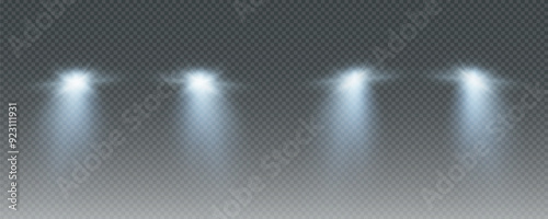 Realistic car headlights. Train moving effect, vector bright lights on transparent background png.	