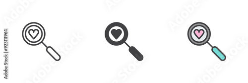 Magnifying glass with heart different style icon set