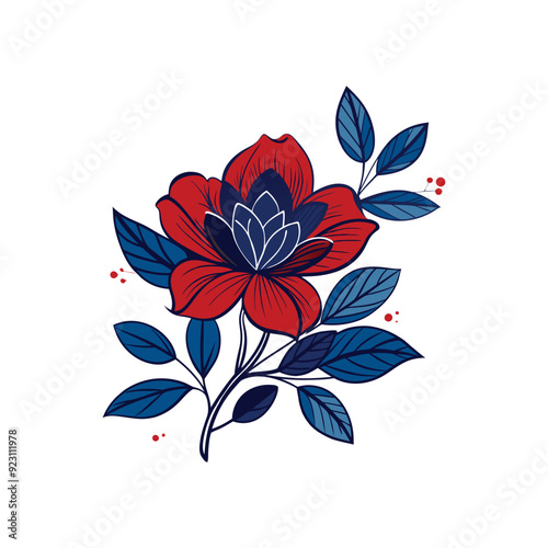 A painting of three red flowers with blue leaves