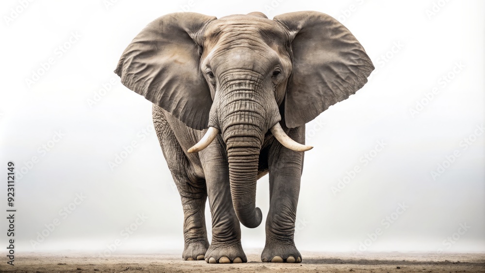 Fototapeta premium A large, majestic elephant stands isolated against a pure white background, its wrinkled gray skin and tusks contrasting beautifully with the clean, minimal setting.