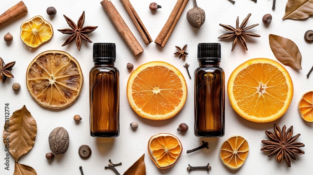 flat lay amber glass cosmetic bottles with cinnamon sticks dry orange slices anise stars autumn fall beauty products top view. flat lay amber glass cosmetic bottles with cinnamon sticks dry orange slices anise stars autumn fall beauty products top view.