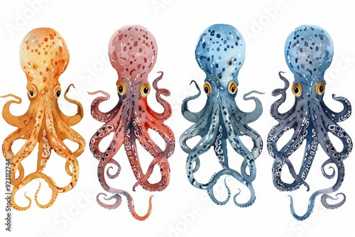 Set of Colorful watercolor octopus, squid engraved Underwater ocean animal, marine seafood vector illustration on white background photo