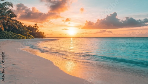 Tranquil Tropical Beach at Sunset Palm Trees and Soft Sand Along the Shoreline with Scenic Landscape Background