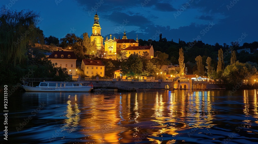 Obraz premium Illuminated Church and Riverfront at Dusk