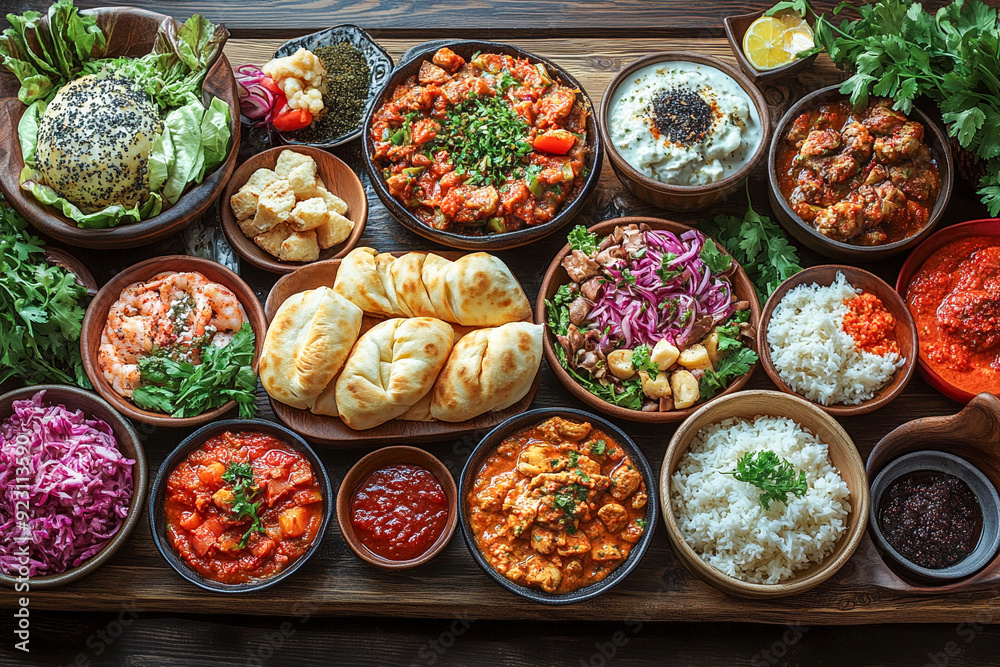 The table is rich with vibrant, diverse foods, symbolizing global unity and the celebration of World Food Day The table is rich with vibrant, diverse foods, symbolizing global unity and the celebration of World Food Day