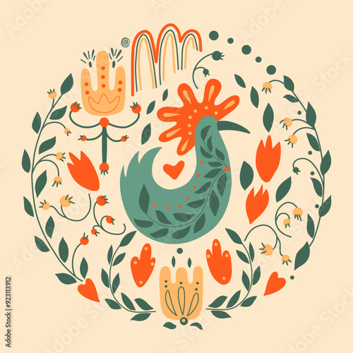  Folk ornamental bird and heart. Best for greeting card. Template vector illustration. 