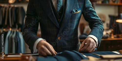 person in a jacket, Focused Tailor Crafting a Custom Suit in an Elegant Atelier, Showcasing Mastery in Fabric and Design close up view.