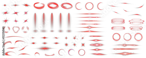 Set of realistic vector red stars png. Set of vector suns png. Red flares with highlights. Horizontal light lines, laser, flash.	