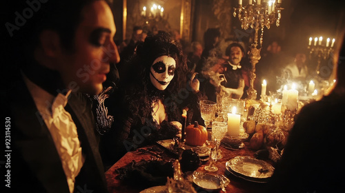 French Halloween party with gothic decorations and people in vampire costumes.