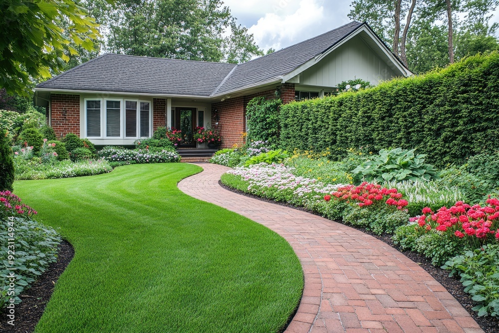 Naklejka premium Vibrant green lawn adorned with colorful flowers and neatly trimmed shrubs in front of a charming house yard on a sunny day