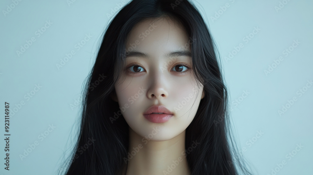 Front-facing portrait of a young Korean woman with a round face and perfect symmetry, displaying her 