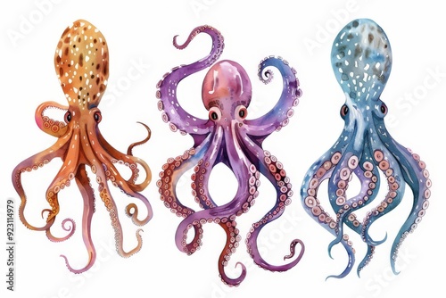 Set of watercolor octopus, squid engraved Underwater ocean animal, marine seafood vector illustration on white background photo