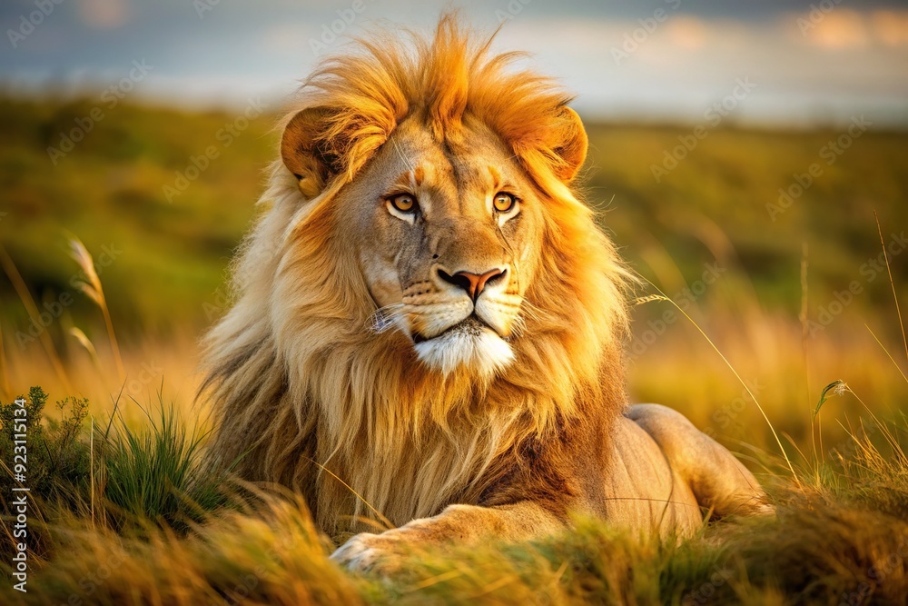 Majestic golden lion with a shaggy mane lounges in the savannah grass, its piercing eyes gazing into the distance, exuding power and serenity. Majestic golden lion with a shaggy mane lounges in the savannah grass, its piercing eyes gazing into the distance, exuding power and serenity.
