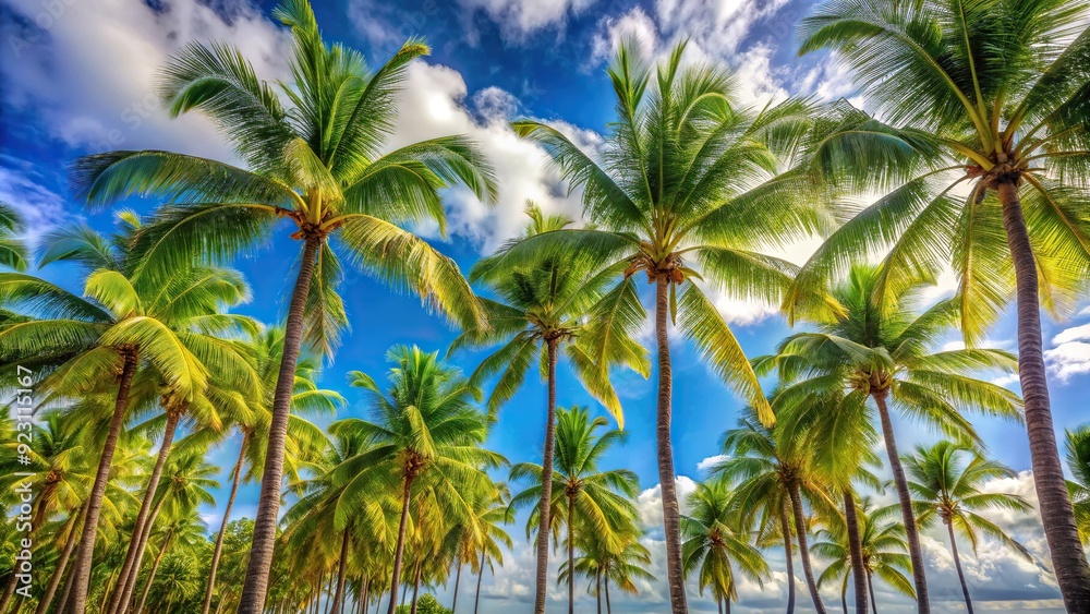 Tropical paradise scenery featuring tall, slender palm trees with vibrant green fronds swaying gently in the breeze against a bright blue sky. Tropical paradise scenery featuring tall, slender palm trees with vibrant green fronds swaying gently in the breeze against a bright blue sky.