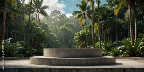 Rock podium in tropical forest for product presentation Behind is a view of the sky. photo