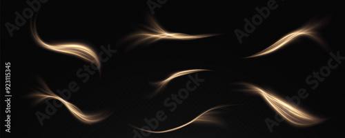 Vector png background with gold glowing lines. Gold glowing lines of speed. Light glow effect. Light trail wave, fire trail line and glow curve swirl.