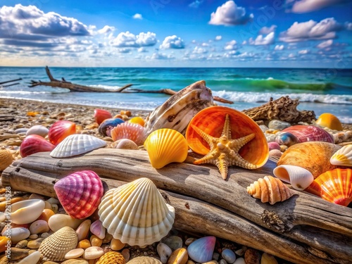 Colorful conch shells, scallops, and clamshells scattered on weathered driftwood, surrounded by ocean-worn pebbles and serene beach scenery at low tide. photo