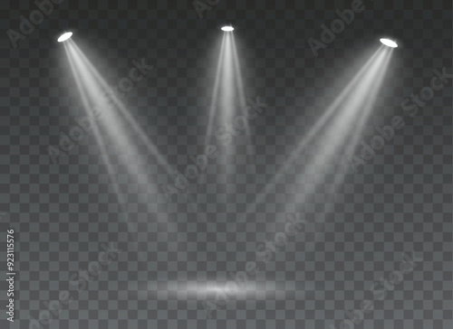 The vector set of light includes a light source, studio lighting, walls, and a PNG. It also includes spotlight lighting and a spotlight PNG. Finally, it includes light beams and a light effect.