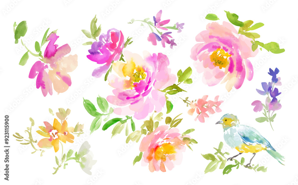 A set of vector illustrations of abstract flowers and birds painted in watercolor. A set of watercolor illustrations of peonies and roses. A set of vector illustrations of abstract flowers and birds painted in watercolor. A set of watercolor illustrations of peonies and roses.