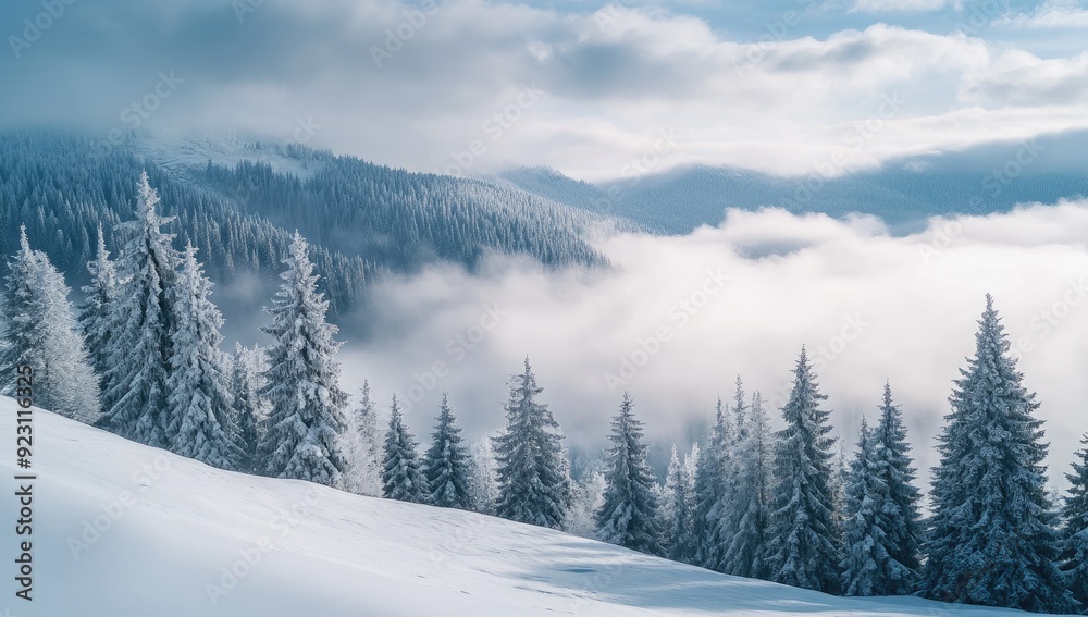 Beautiful Winter Landscape with Snowy Forest and Cloudy soft clouds White Sky. Distant View of Snow Covered Mountain Hillside and Misty Trees Beautiful Winter Landscape with Snowy Forest and Cloudy soft clouds White Sky. Distant View of Snow Covered Mountain Hillside and Misty Trees