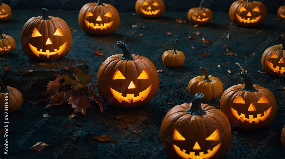 The chilling ambiance of Halloween with illuminated pumpkins, eerie fog, and creative decorations enhancing the effect The chilling ambiance of Halloween with illuminated pumpkins, eerie fog, and creative decorations enhancing the effect