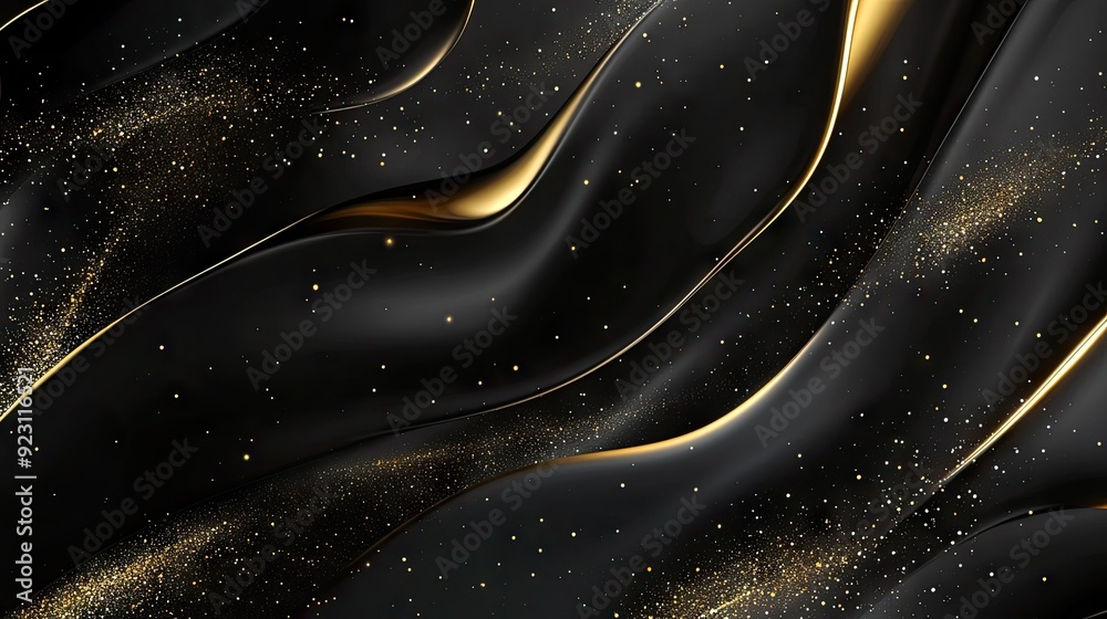 Elegant black background in 3D with flowing gold lines and delicate sparkles, offering a premium luxury design with room for text. Elegant black background in 3D with flowing gold lines and delicate sparkles, offering a premium luxury design with room for text.