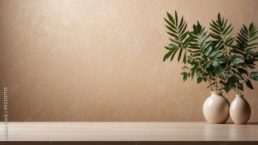 Empty table against beige textured wall background. Composition with glossy leaves on the wall. Empty table against beige textured wall background. Composition with glossy leaves on the wall.
