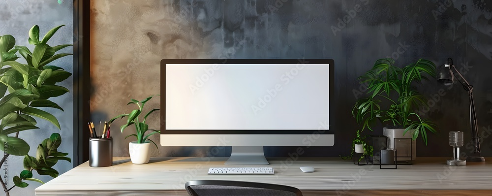 Modern Home Office Desk with Computer and Plants Modern Home Office Desk with Computer and Plants