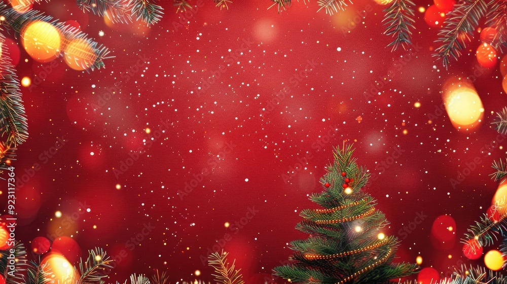 Christmas Background with Xmas Tree and Sparkle Bokeh Lights on Red Canvas. Merry Christmas Card and Winter Holiday Theme, Happy New Year, Space for Text Christmas Background with Xmas Tree and Sparkle Bokeh Lights on Red Canvas. Merry Christmas Card and Winter Holiday Theme, Happy New Year, Space for Text