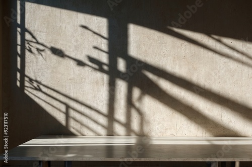 Empty table against beige textured wall background. Composition with glossy leaves on the wall. photo