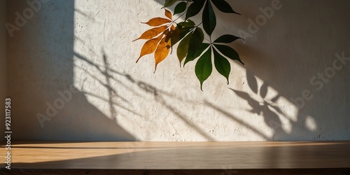 Empty table against beige textured wall background. Composition with glossy leaves on the wall. photo