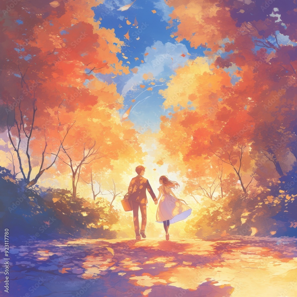 Fototapeta premium Romantic Anime-Style Couple Strolling in Autumn Park: Dreamy Creative Pattern for Valentine's Day Marketing, Children's Book Illustration, and 4K Wallpaper. AI-Generated Enchanting Nature Scene with C