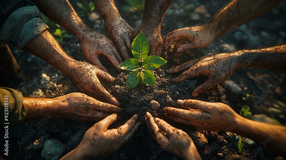 Diverse hands nurturing young plant in soil, symbolizing teamwork and environmental care Diverse hands nurturing young plant in soil, symbolizing teamwork and environmental care