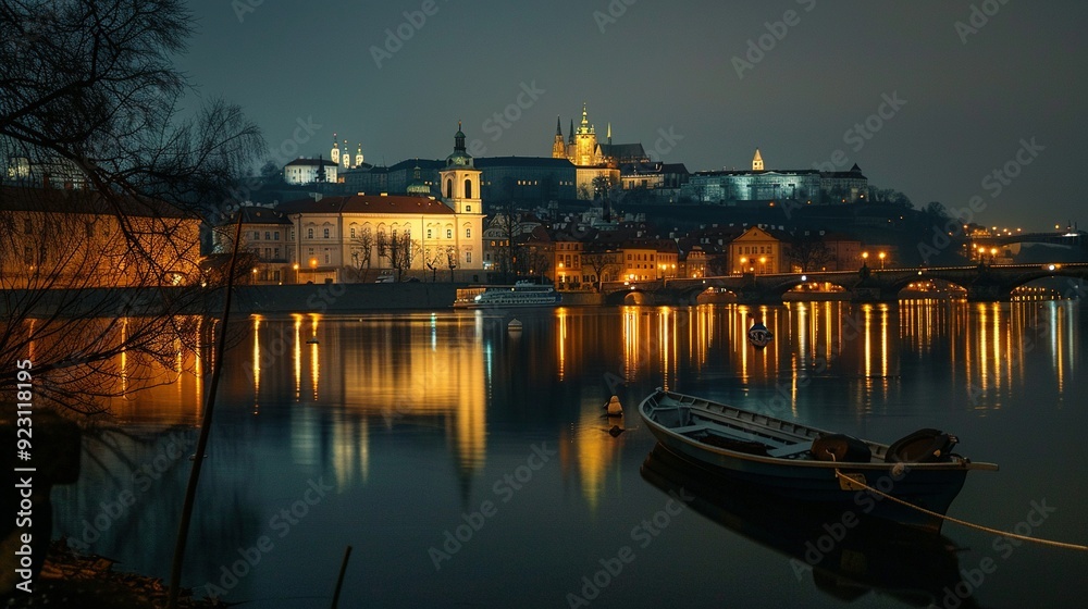 Fototapeta premium Nighttime View of Prague with a Rowboat in the Foreground