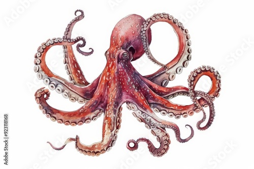 Watercolor octopus, squid engraved ocean animal, marine seafood vector illustration on white background photo